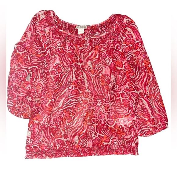 Lucky Brand Boho Chiffon Red Animal Print Blouson Womens Size S Elastic Waist - Picture 1 of 8